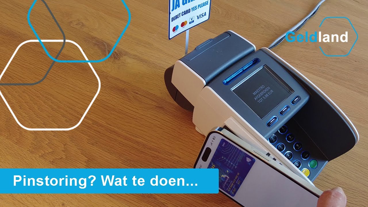 Pinapparaat met mobiele telefoon, tekst 'Pinstoring? Wat te doen...' voor probleemoplossing.