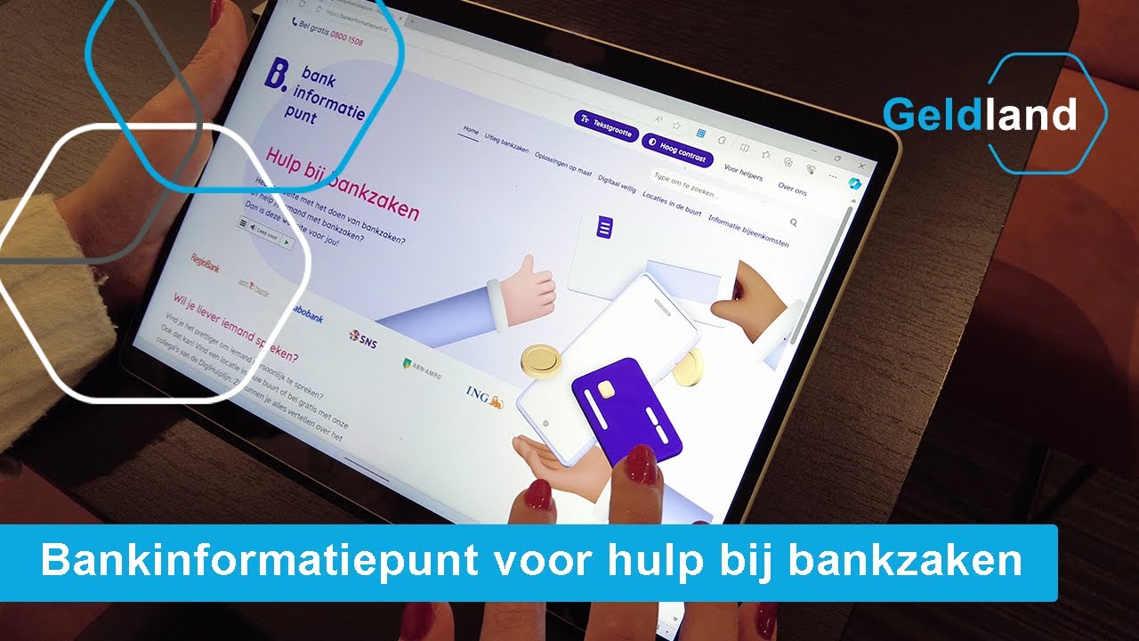 Tabletscherm met bankinformatie, tekst 'Bankinformatiepunt voor hulp bij bankzaken'.