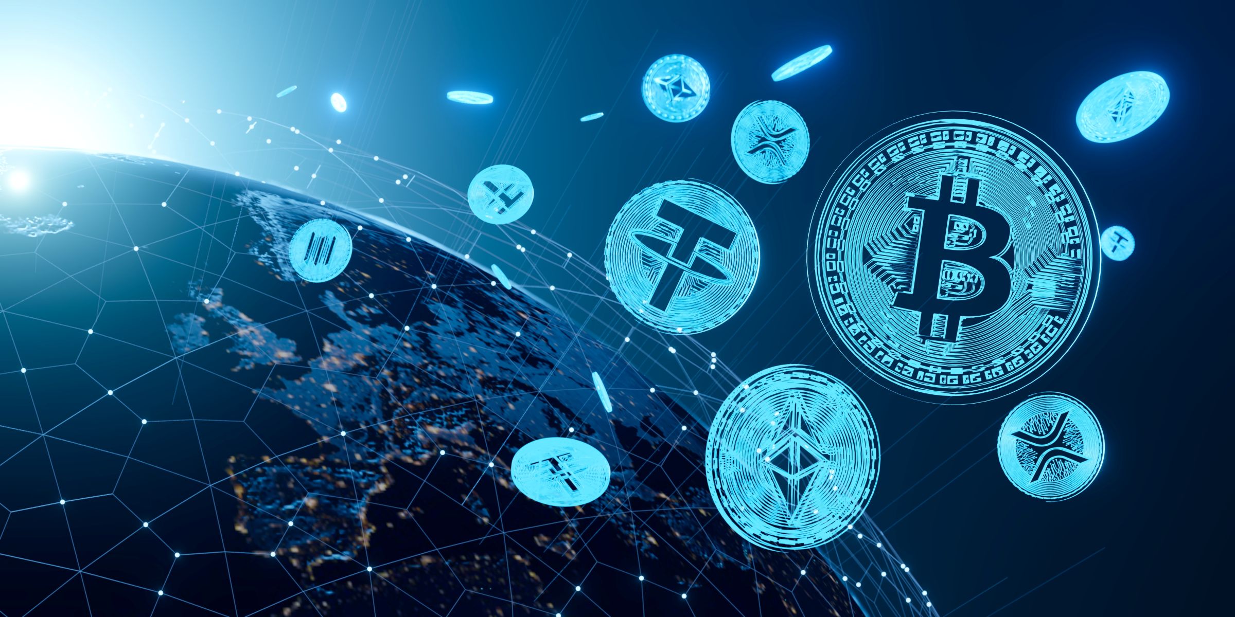 Europa van boven gezien in het donker met daar omheen rondjes die stablecoins, bitcoin, digitale euro en crypto moeten voorstellen.